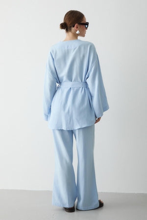 Mavi Pamuklu Kimono Bol Paça Pantolon Takım