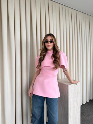 Pembe Pelerinli Straplez Bluz - 1101