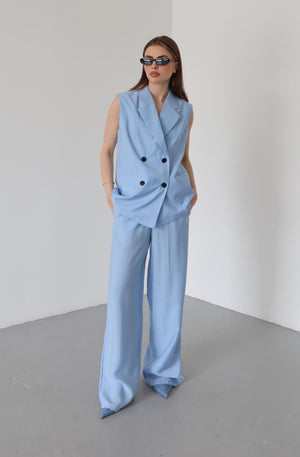 Mavi Siyah Düğmeli Yelek Pantolon Takım
