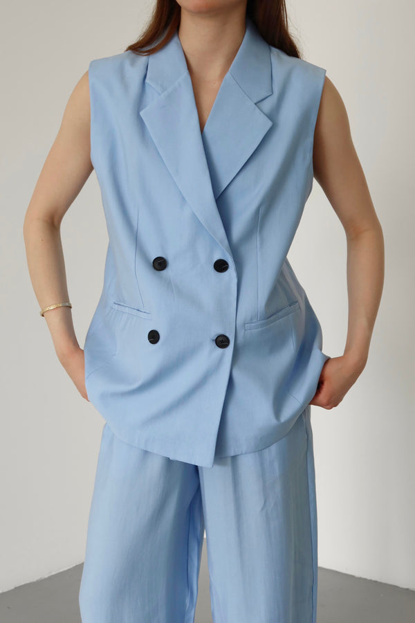 Mavi Siyah Düğmeli Yelek Pantolon Takım
