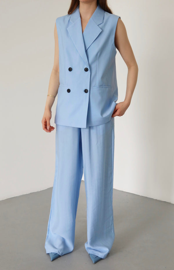 Mavi Siyah Düğmeli Yelek Pantolon Takım