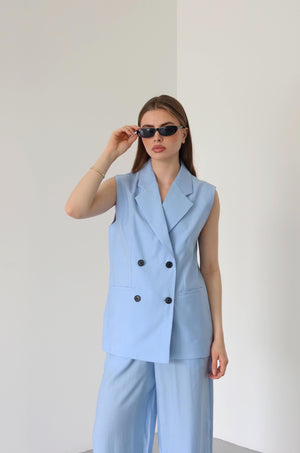 Mavi Siyah Düğmeli Yelek Pantolon Takım