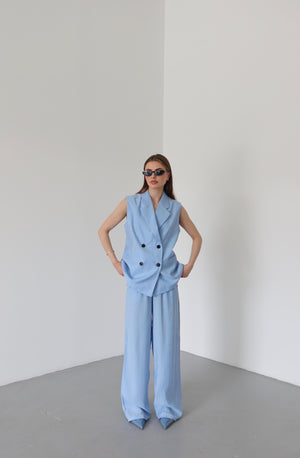 Mavi Siyah Düğmeli Yelek Pantolon Takım