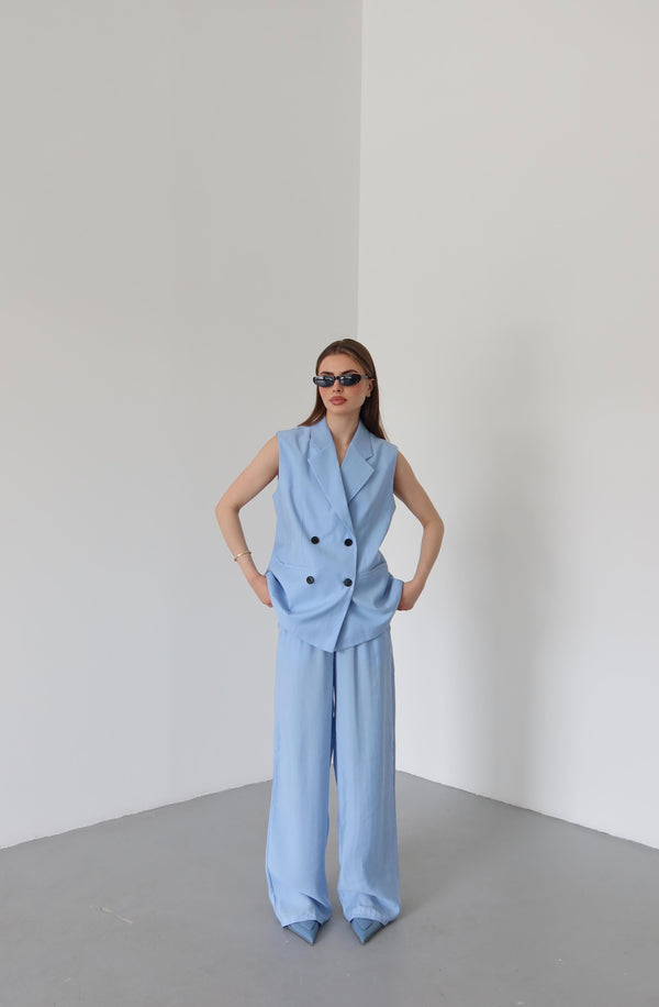 Mavi Siyah Düğmeli Yelek Pantolon Takım