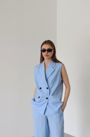 Mavi Siyah Düğmeli Yelek Pantolon Takım
