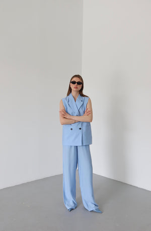 Mavi Siyah Düğmeli Yelek Pantolon Takım