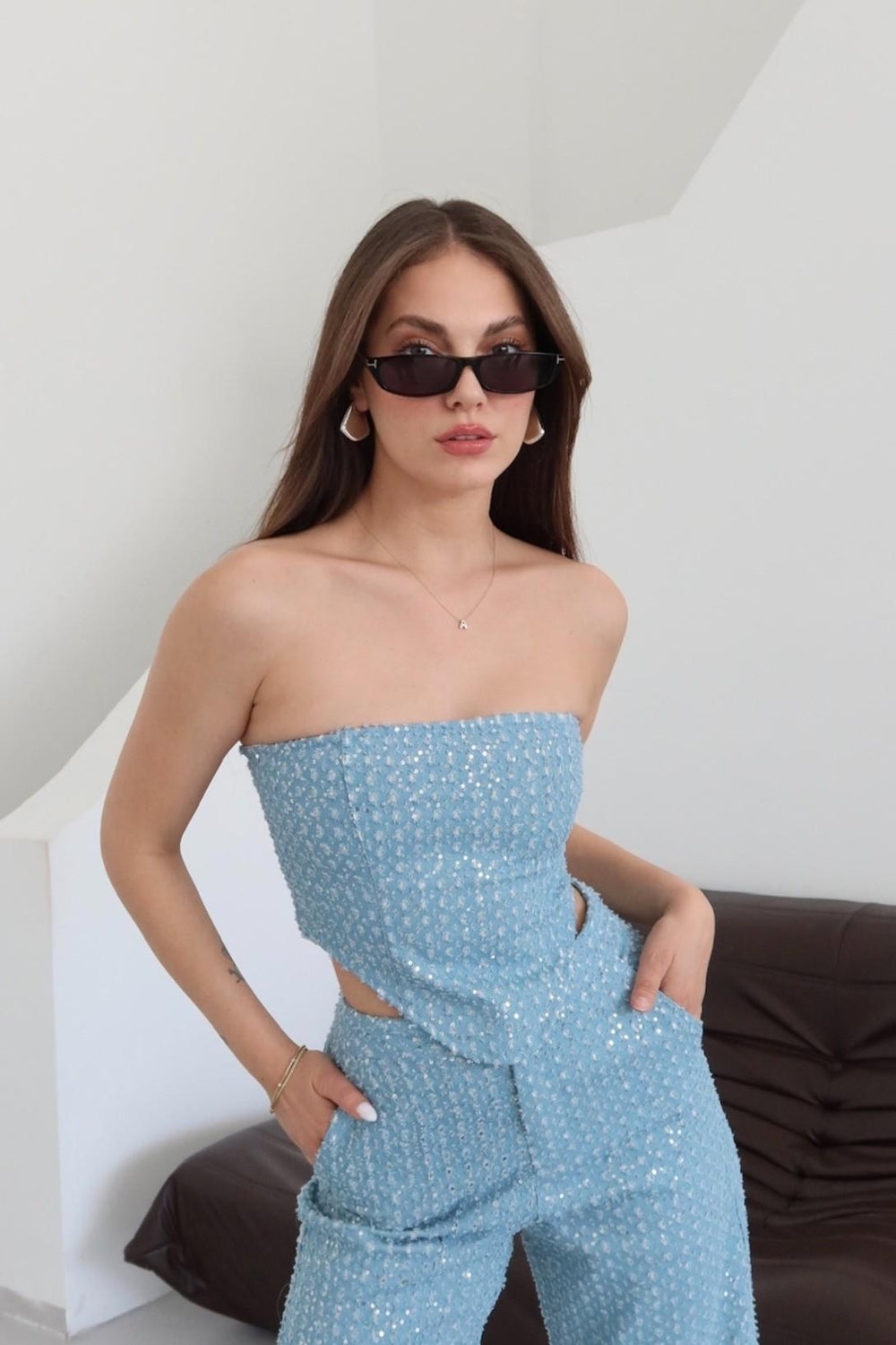 Mavi Straplez Pullu Kot Büstiyer