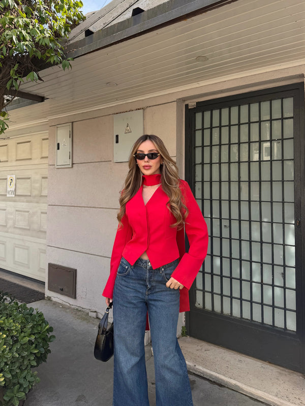 Kırmızı Vatkalı Fularlı Ceket - 85175