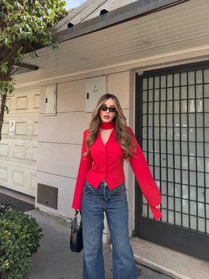 Kırmızı Vatkalı Fularlı Ceket - 85175