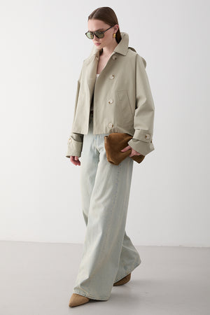 Mint Kapüşonlu Kısa Trençkot - 7003