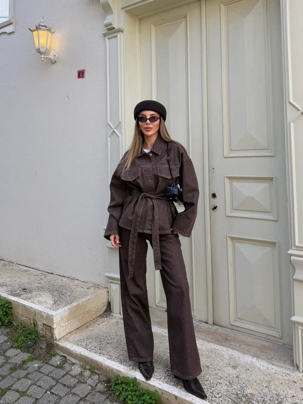 Kahverengi Yıkamalı Bağlamalı Denim Ceket Pantolon Takım