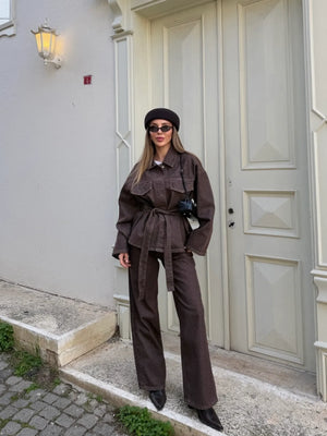 Kahverengi Yıkamalı Bağlamalı Denim Ceket Pantolon Takım