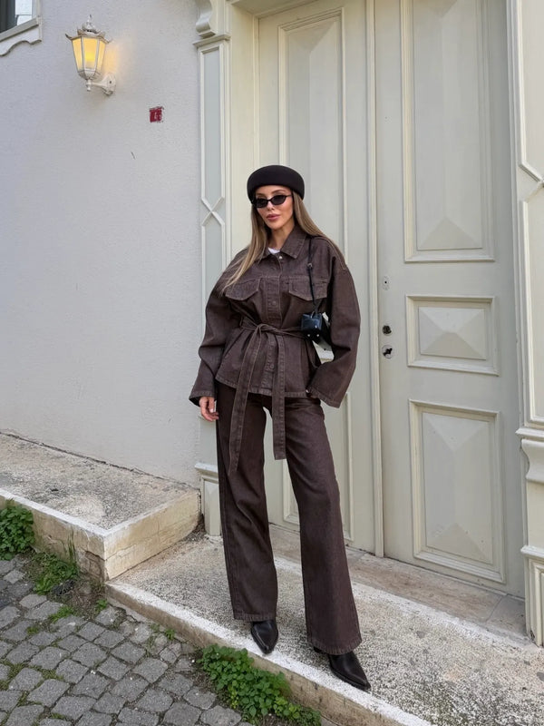 Kahverengi Yıkamalı Bağlamalı Denim Ceket Pantolon Takım