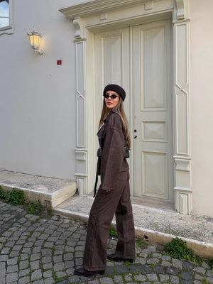 Kahverengi Yıkamalı Bağlamalı Denim Ceket Pantolon Takım