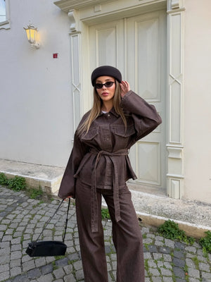 Kahverengi Yıkamalı Bağlamalı Denim Ceket Pantolon Takım