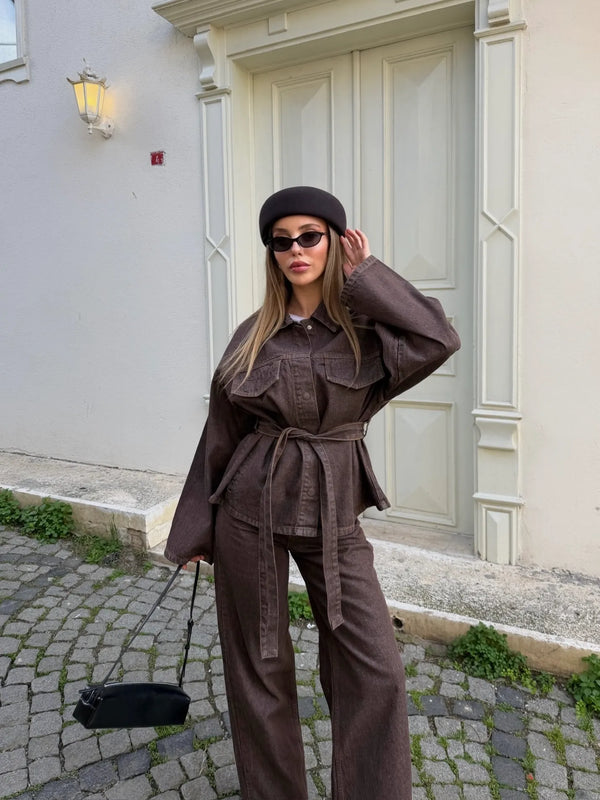 Kahverengi Yıkamalı Bağlamalı Denim Ceket Pantolon Takım