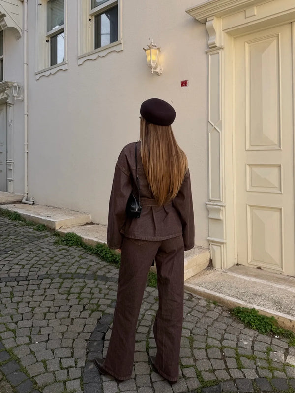 Kahverengi Yıkamalı Bağlamalı Denim Ceket Pantolon Takım