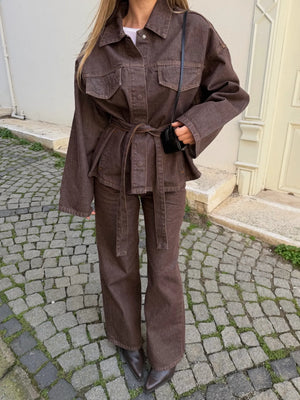 Kahverengi Yıkamalı Bağlamalı Denim Ceket Pantolon Takım