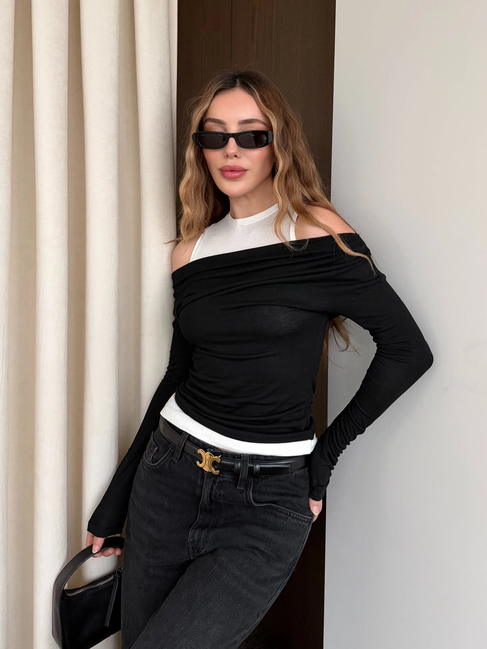 Siyah Beyaz Atletli Kayık Yaka Bluz - 0780