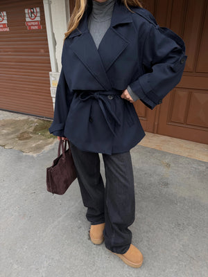 Lacivert Oversize Düşük Omuz Kısa Trenç - 9580
