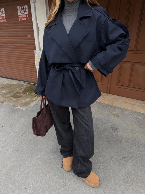 Lacivert Oversize Düşük Omuz Kısa Trenç - 9580