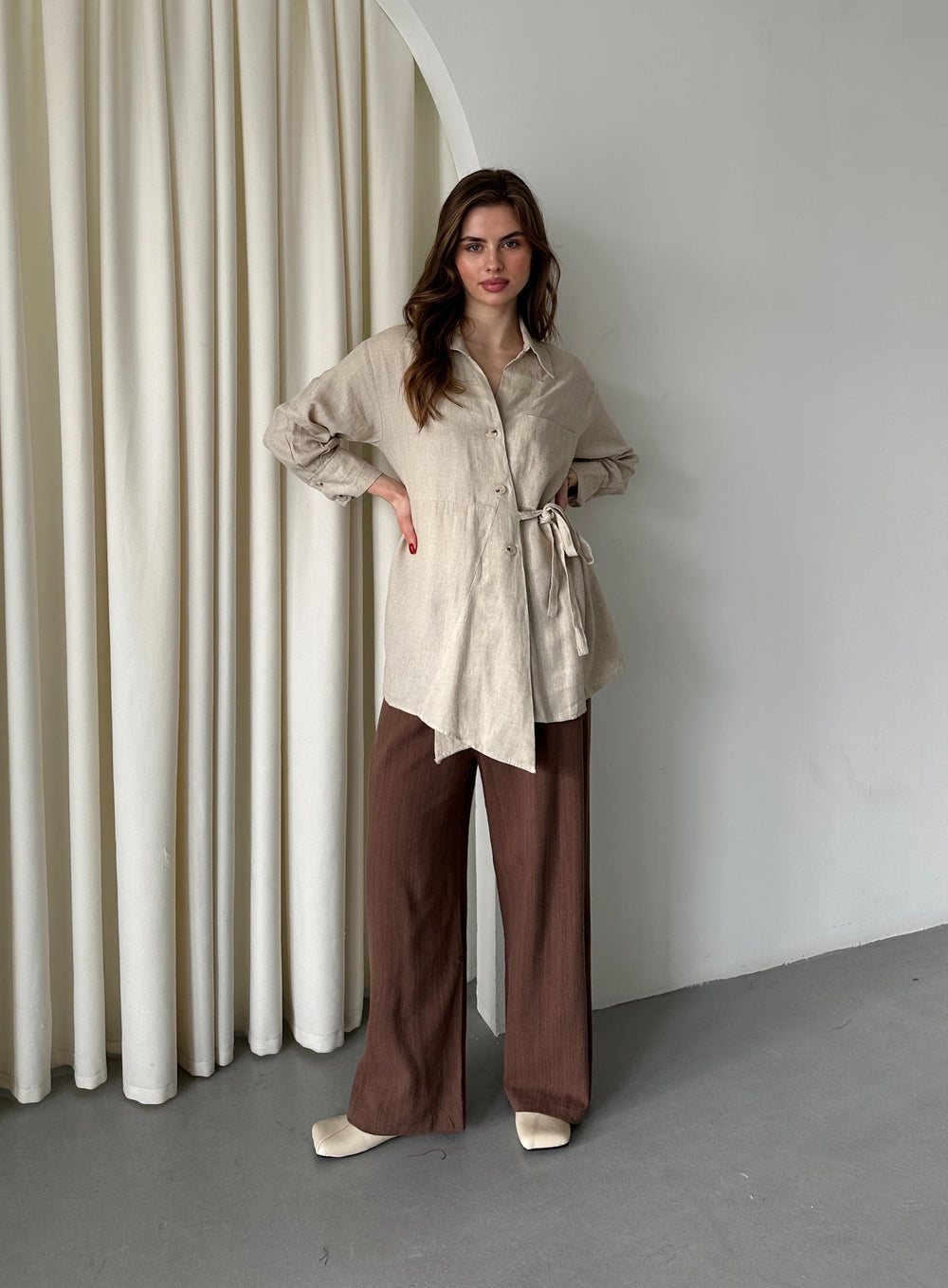 Natural %100 Pamuk Çapraz Düğmeli Beli Kemerli Gömlek