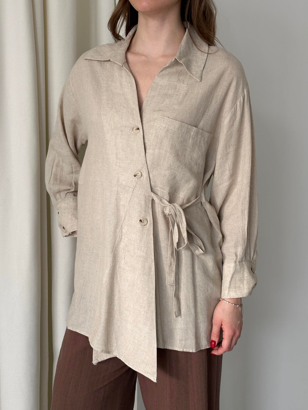 Natural %100 Pamuk Çapraz Düğmeli Beli Kemerli Gömlek