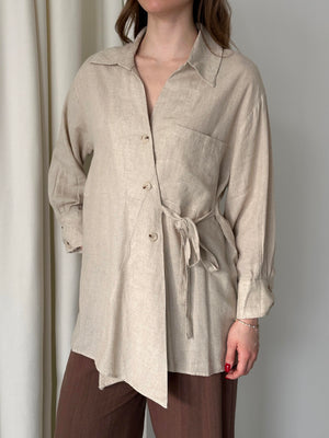 Natural %100 Pamuk Çapraz Düğmeli Beli Kemerli Gömlek