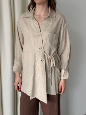 Natural %100 Pamuk Çapraz Düğmeli Beli Kemerli Gömlek