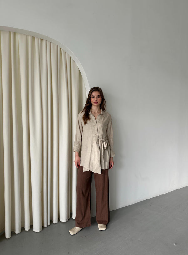 Natural %100 Pamuk Çapraz Düğmeli Beli Kemerli Gömlek