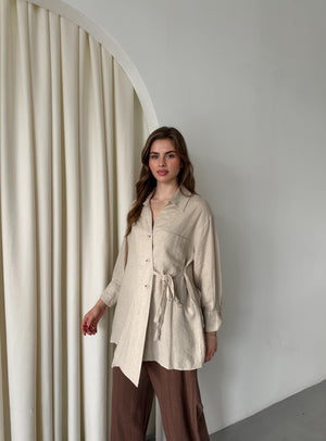 Natural %100 Pamuk Çapraz Düğmeli Beli Kemerli Gömlek