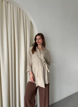 Natural %100 Pamuk Çapraz Düğmeli Beli Kemerli Gömlek