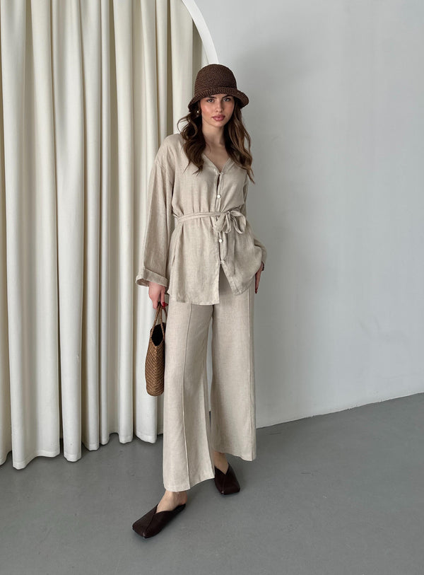 Natural %100 Pamuk Kemerli Gömlek Pantolon Takım