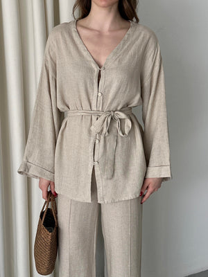 Natural %100 Pamuk Kemerli Gömlek Pantolon Takım