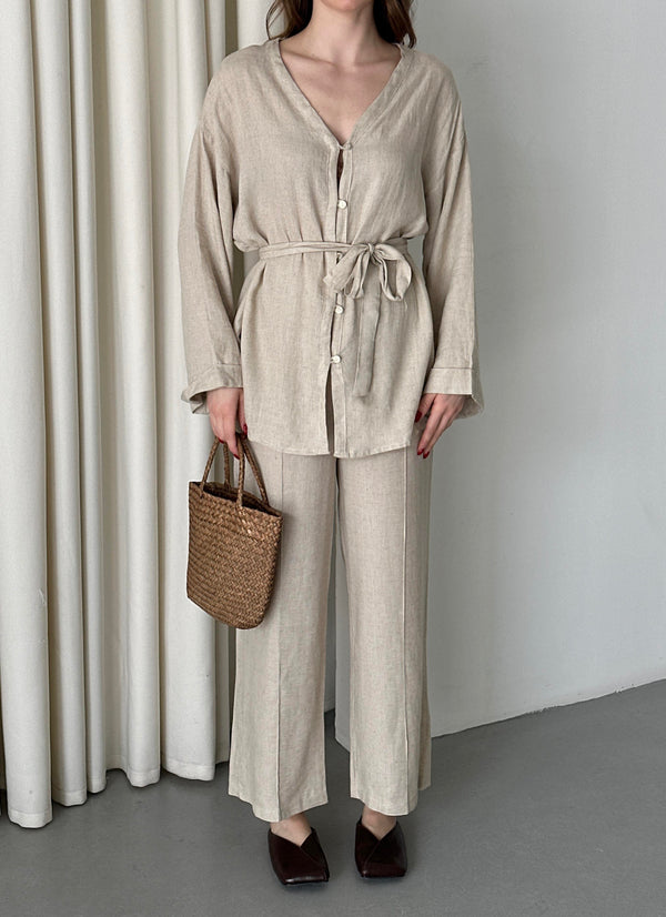 Natural %100 Pamuk Kemerli Gömlek Pantolon Takım