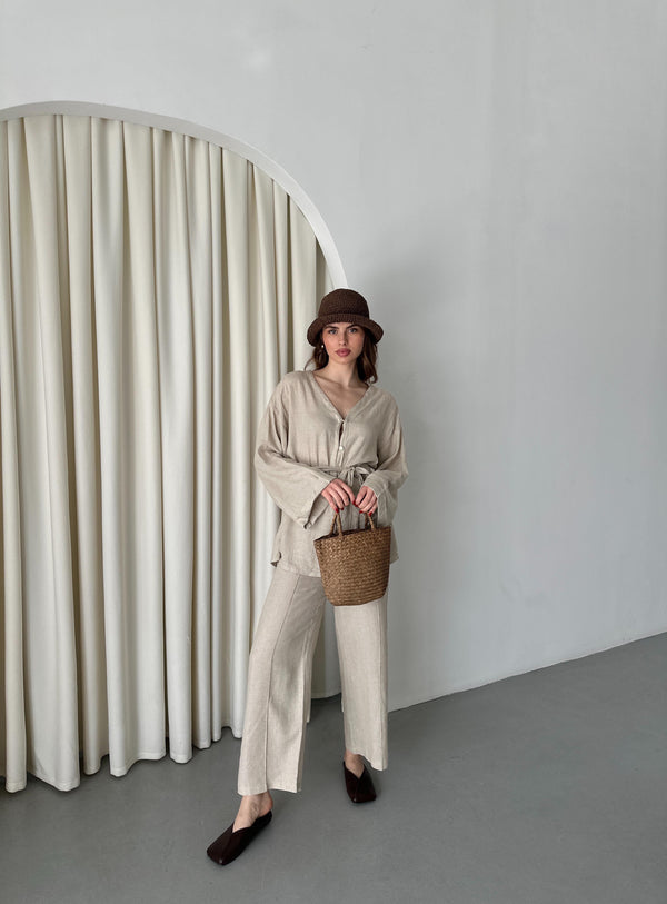 Natural %100 Pamuk Kemerli Gömlek Pantolon Takım