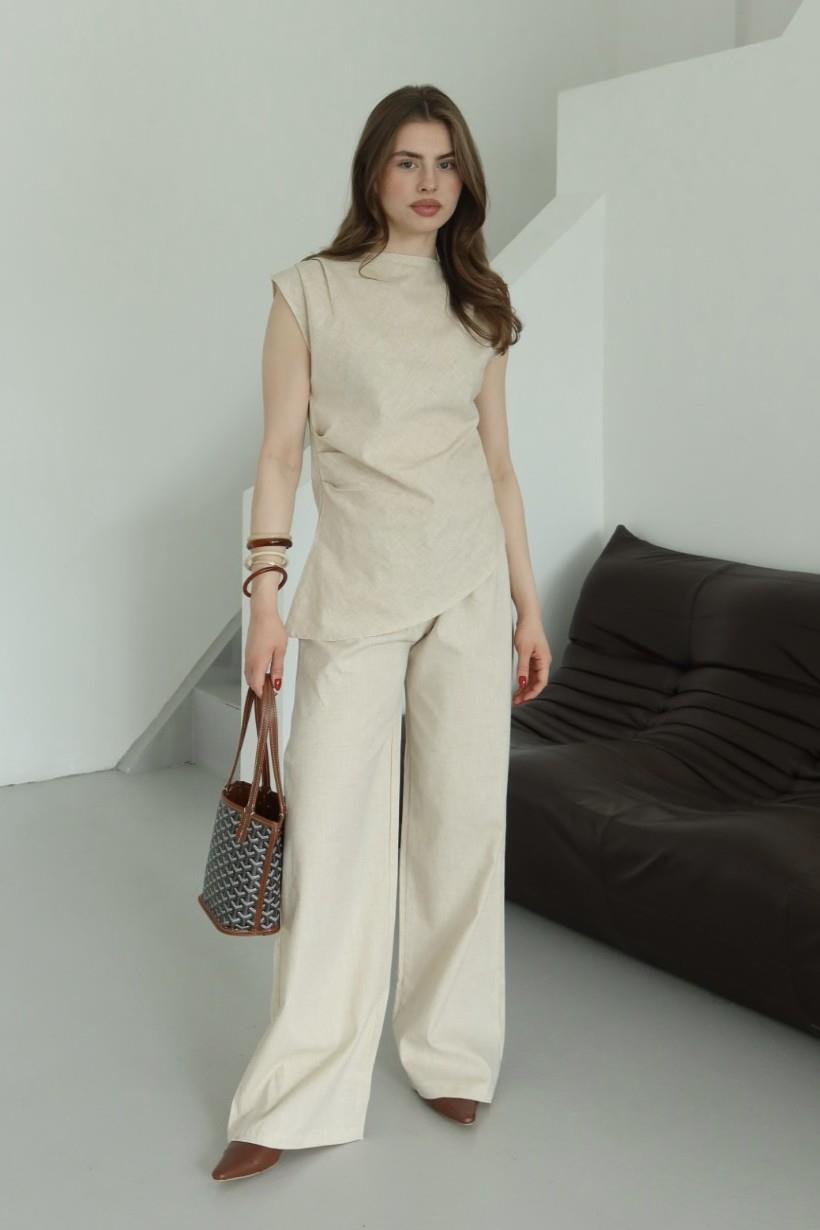 Natural Asimetrik Bluz Pantolon Takım