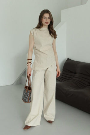 Natural Asimetrik Bluz Pantolon Takım