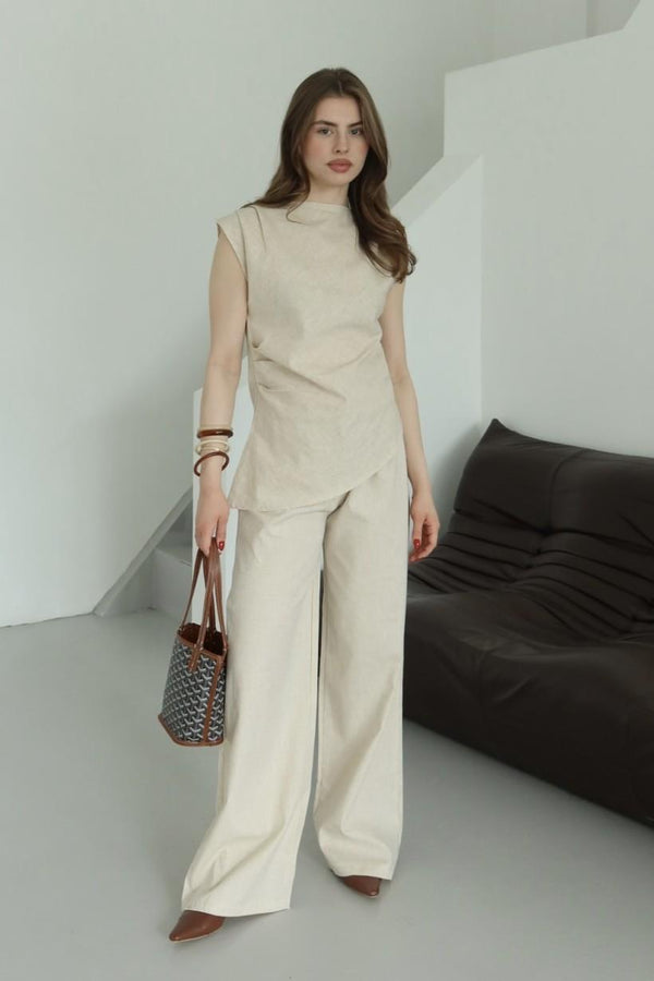 Natural Asimetrik Bluz Pantolon Takım