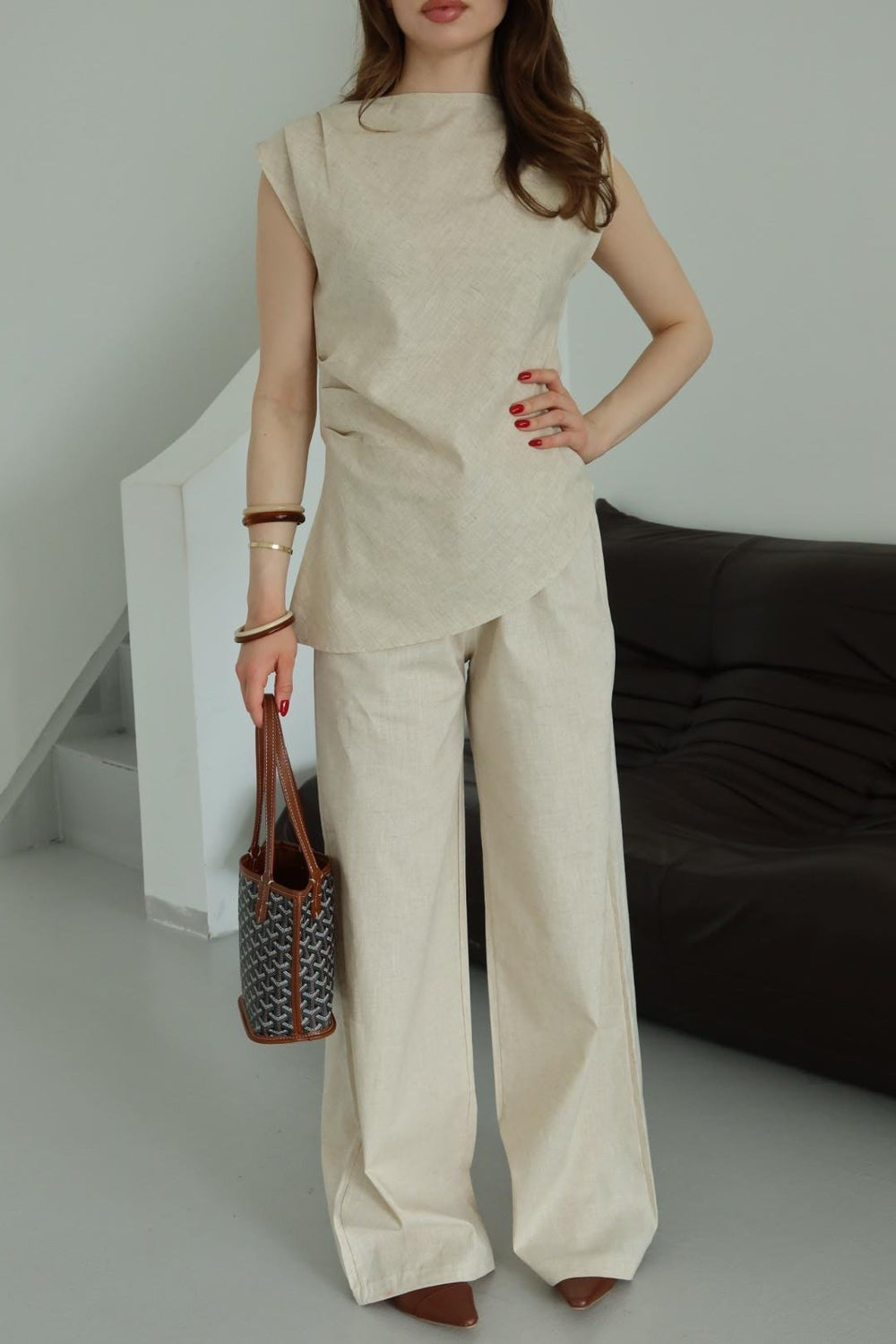 Natural Asimetrik Bluz Pantolon Takım