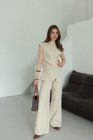 Natural Asimetrik Bluz Pantolon Takım