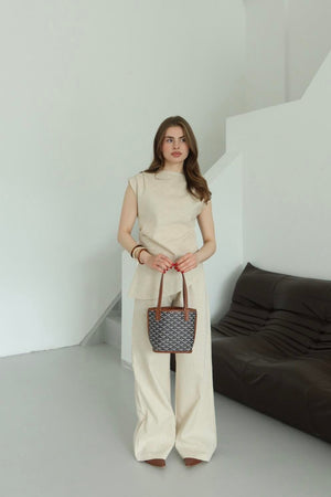 Natural Asimetrik Bluz Pantolon Takım