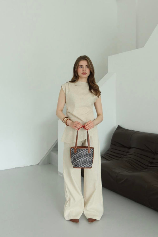 Natural Asimetrik Bluz Pantolon Takım