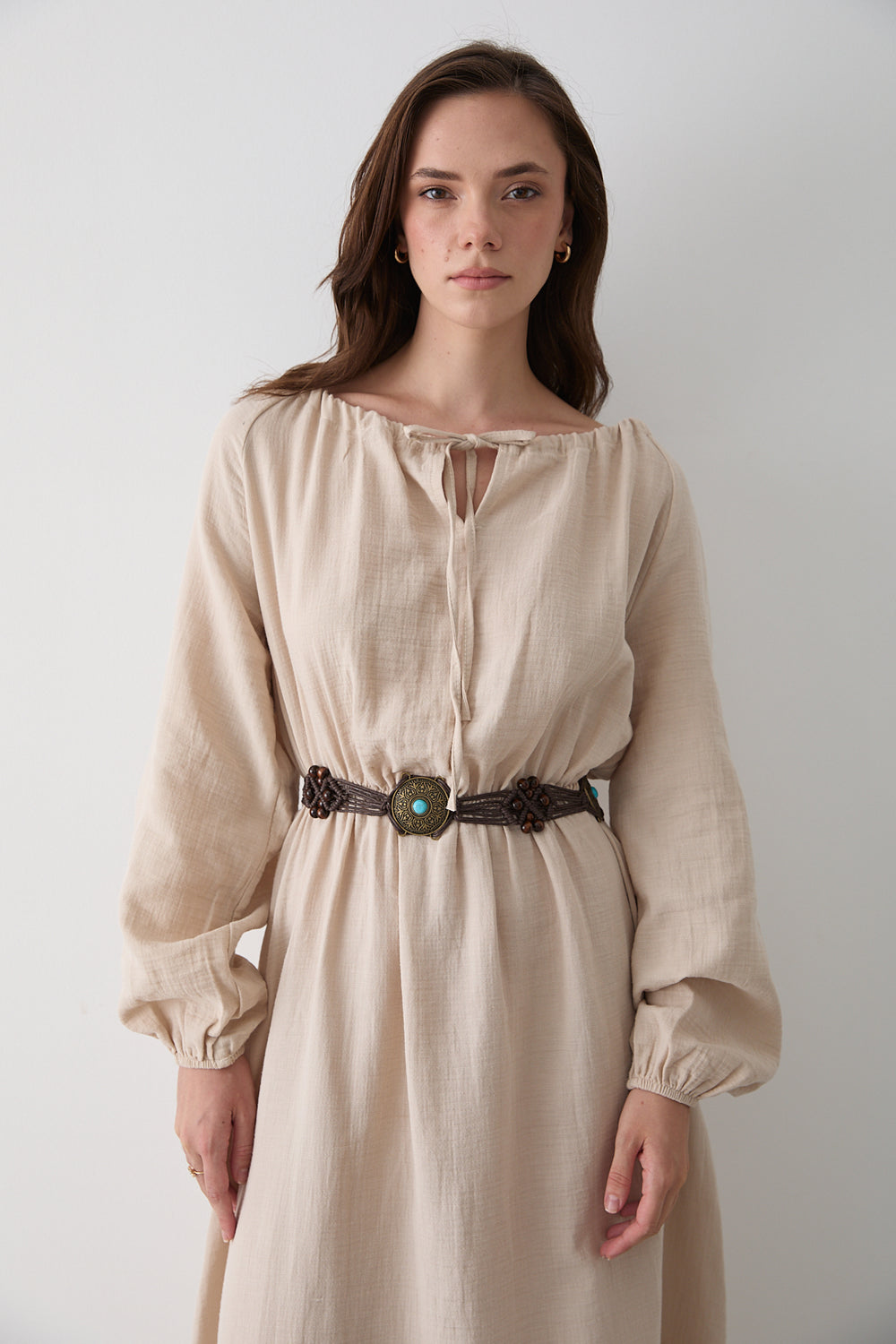 Natural Bağlama Detaylı Müslin Elbise - 2004
