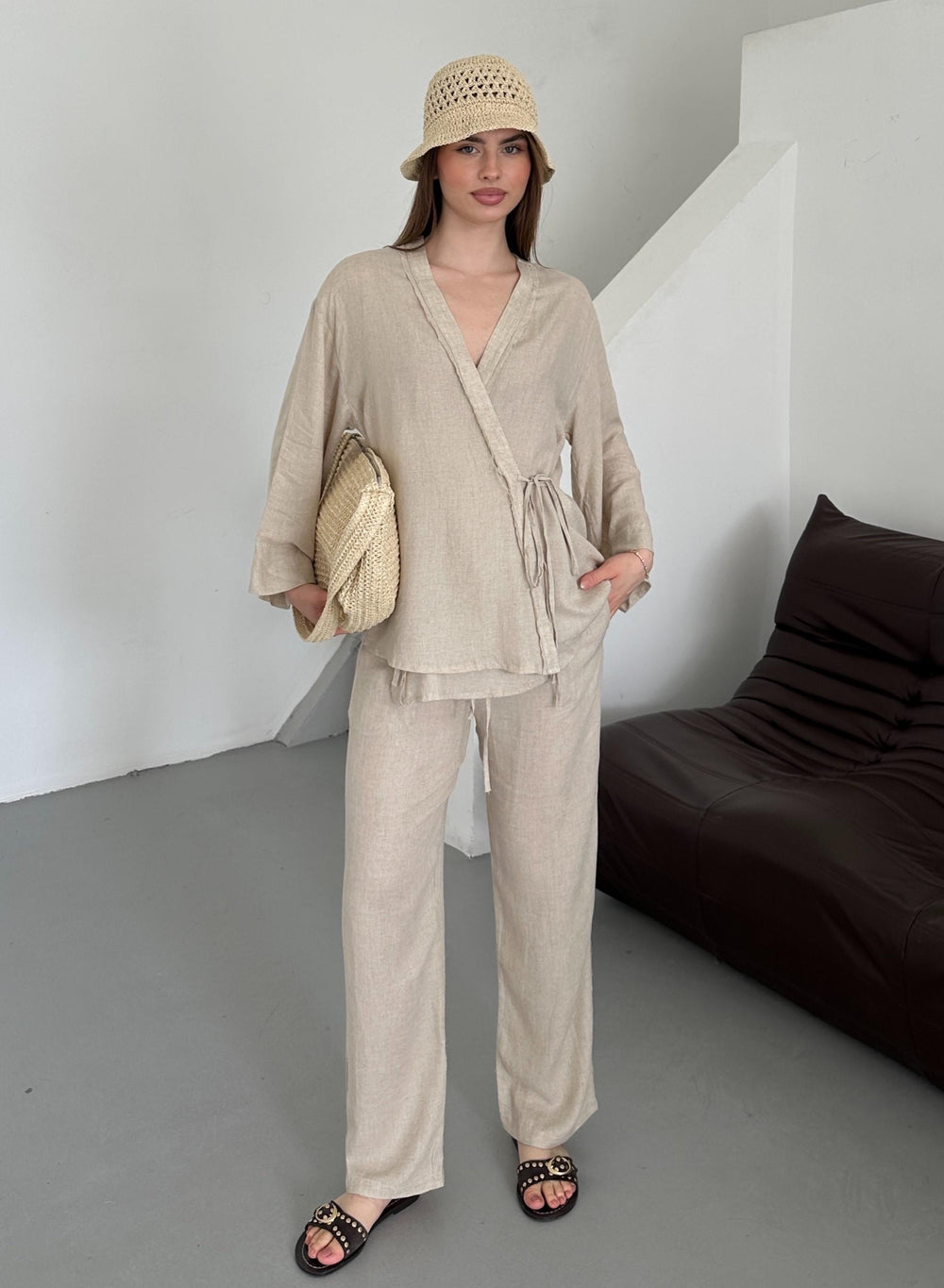 Natural Detaylı Yan Bağlamalı Keten Kumaş Kimono Takım