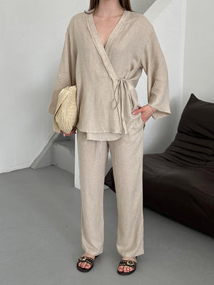 Natural Detaylı Yan Bağlamalı Keten Kumaş Kimono Takım