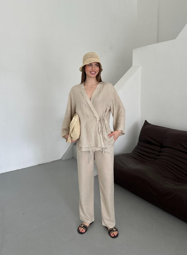 Natural Detaylı Yan Bağlamalı Keten Kumaş Kimono Takım