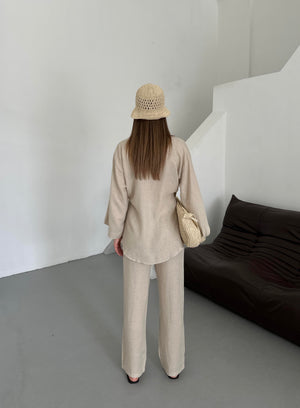 Natural Detaylı Yan Bağlamalı Keten Kumaş Kimono Takım