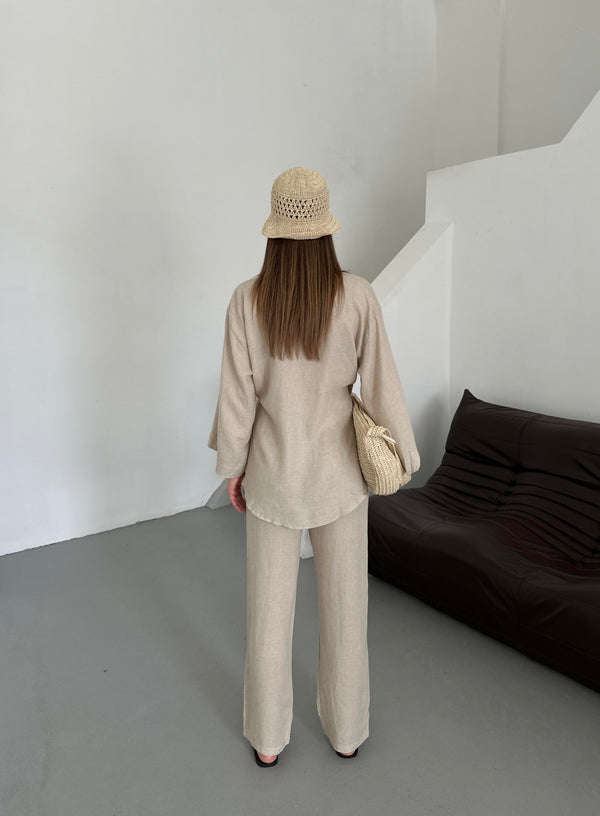 Natural Detaylı Yan Bağlamalı Keten Kumaş Kimono Takım