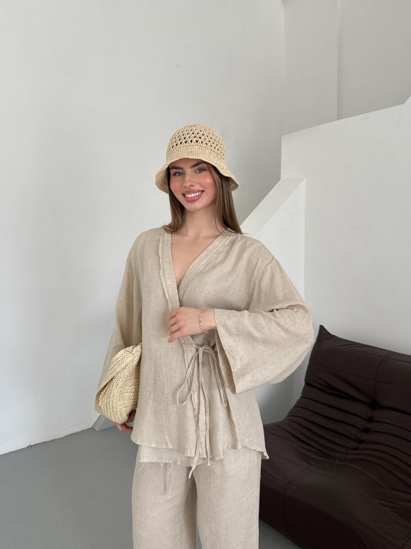 Natural Detaylı Yan Bağlamalı Keten Kumaş Kimono Takım